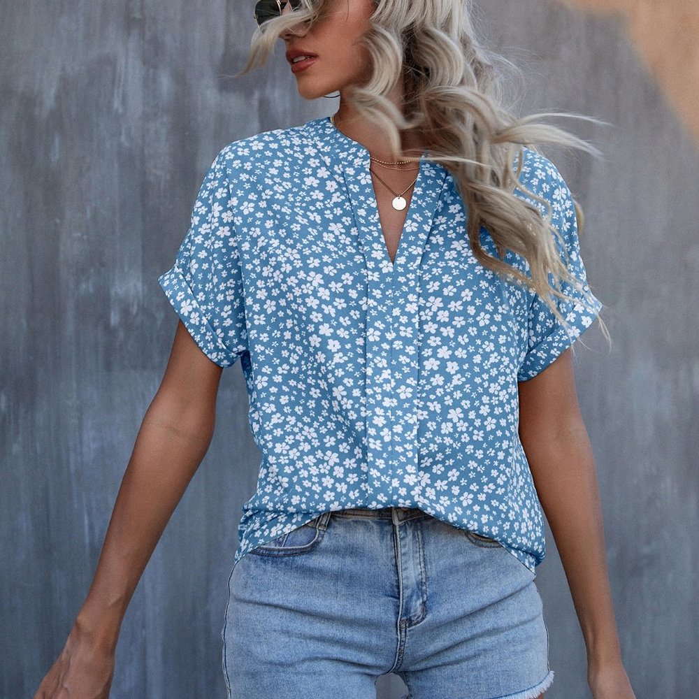 New Floral Print Batwing Sleeve Blouse Blue